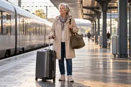 Oudere vrouw met een rolkoffer en reistas staat in het ochtendlicht op een Nederlands stationsperron.