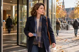 Vrouw van rond de vijfenveertig loopt met haar bankpas in de hand een bankkantoor uit, een herfstig stadsplein op