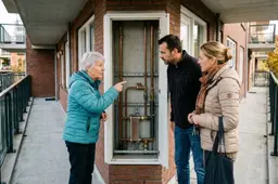 Drie Nederlandse buren bekijken op de galerij van hun appartementencomplex de technische kast van het warmtenet.