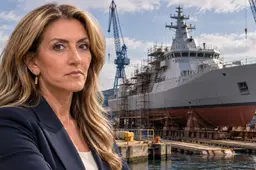 Symbolische illustratie van Dilan Yeşilgöz bij een Nederlandse scheepswerf, met een militair patrouillevaartuig in aanbouw en werfkranen op de achtergrond.