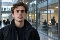 Illustratie van een jonge man in een universiteitsgang, met glazen onderzoeksruimten op de achtergrond.
