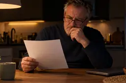 Man van rond de zestig leest 's avonds aan de keukentafel een brief van zijn pensioenfonds