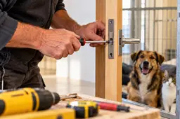 Vakman repareert dierenasieldeur met hond en kat