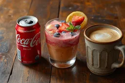 een tafel met daarop een blikje cola, een smoothie en een cappuciono
