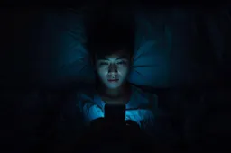 en tiener in bed die in het donker alleen wordt verlicht door het blauwe licht van een smartphone‑scherm