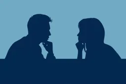 thoughtful intelligent couple having deep conversation, modern minimalist style_ of _hoogbegaafd stel in gesprek, moderne stijl_