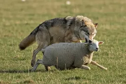 wolf-sheep-grassy-field-thick-grey-brown-coat-predatory-stance-its-focus-white-wool-black-facial-362430349