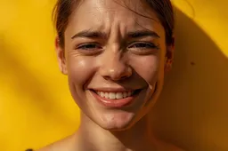 Een horizontale foto of illustratie van iemand met een geforceerde glimlach voor een felgekleurd, zonnig decor, terwijl in de schaduw duidelijk verdriet of vermoeidheid zichtbaar is.