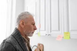 zijaanzicht van grijsharige man met alzheimer syndroom kijkend naar plakkerige notities met namen en telefoonnummers in de keuken