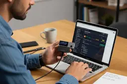 Een hand houdt een hardwarewallet voor cryptomunten vast naast een laptop op een bureau