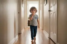 Een kleuter sluipt op zijn tenen door de gang met een vinger tegen de lippen.