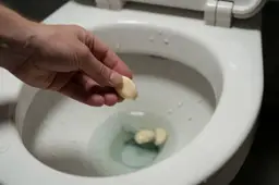 een hand die een gepeld teentje knoflook in de wc-pot laat vallen.