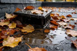 Natte bladeren rond de afvoer van een plat dak met een plas regenwater.