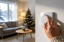 Een hand draait aan een thermostaat aan de muur van een woonkamer in de winter.