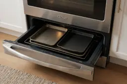 Een fornuis met de lade onder de oven half open en bakplaten erin.