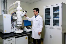 Onderzoeker in een lab met een grote cryo-elektronenmicroscoop, een kast van ruim twee meter hoog.