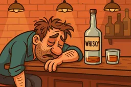 man slaapt aan bar na lege whisky