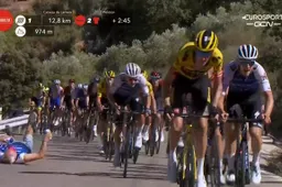 🎥 Verzorger Quick Step-Alpha Vinyl knalt op het asfalt bij aangeven bidon aan Evenepoel en co