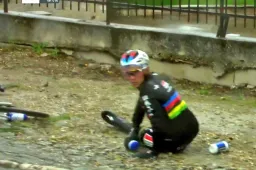 🎥 Ballerini valt over hond en neemt Evenepoel mee, wereldkampioen steekt duimpje op naar camera