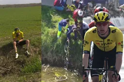 Visma | Lease a Bike (naast Kooij) in de schijnwerpers: fiets (en Veenhoven?) in 't water, Jorgenson met blitse bril