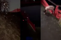 🎥 Van der Poel kan er om lachen: (ongetwijfeld dronken) crossfan vliegt met stadfiets het WK-water in