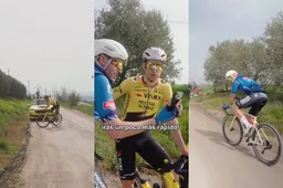 Wout van Aert zet fan in shirt van Alpecin-Premier Tech lachend op zijn plaats