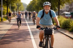 Vrolijke fietser op een drukke fietspad