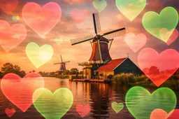 Windmolen en harten bij zonsondergang