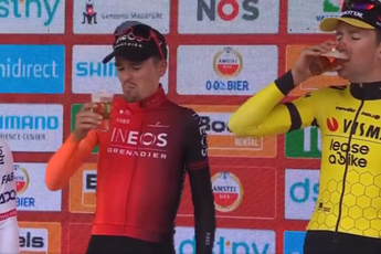 VÍDEO: Tom Pidcock pone cara de asco tras darle un trago a la cerveza en el podio de la Amstel Gold Race