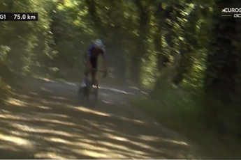 VIDEO: Mathieu van der Poel shows off bike handling prowess to stay upright at Dwars door het Hageland