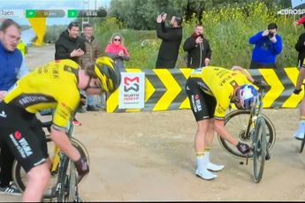 VIDEO: Wout van Aert turns mechanic to fix his own puncture on first gravel section at Clasica Jaen