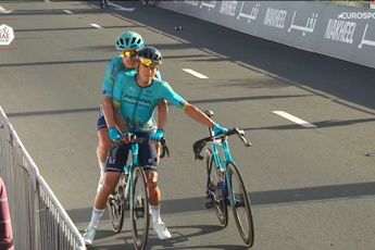 VÍDEO: Cenas incríveis quando a dupla da Astana Qazaqstan partilha a bicicleta na linha de meta após o acidente no final do UAE Tour