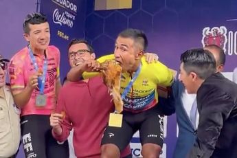 VIDEO: Jhonatan Narváez and Richard Carapaz eat suckling pig on the podium of the Nationals of Ecuador!