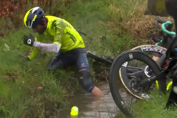 VIDEO: Big crash at GP Jean-Pierre Monseré sees multiple riders tumbling into watery ditch
