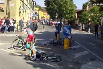 Riley Pickrell busted open in nasty crash with traffic island at Giro d'Italia