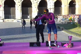 VIDEO: Jonathan Milan hilariously messes up Giro d'Italia podium celebration