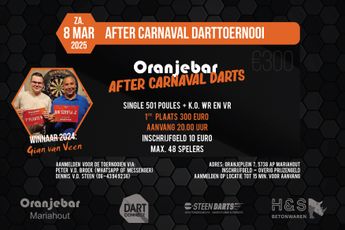 Zaterdag 8 maart 2025 wordt het Oranjebar After Carnavals Darts evenement gespeeld