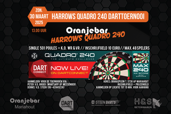 Oranjebar Quadro 240 darttoernooi met de terugkeer van het Harrows Quadro 240 dartbord op 30 maart 2025