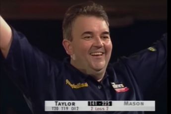 BACK IN THE DAY: Phil Taylor throws the first nine darter on live UK TV at the 2002 World Matchplay