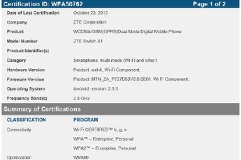 ZTE's entry-level Swtich X1 spotted at the WiFi certification database, runs Android v2.3