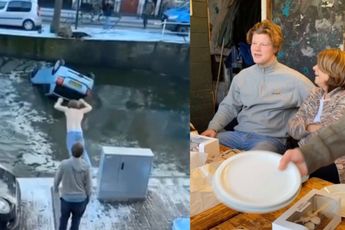 Video: student uit Delft trekt vrouw uit zinkende auto in ijskoude gracht