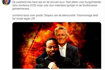 Burgemeester Eindhoven boos op LPF-poster. LPF-poster: 'Einde Zwarte Piet mogelijk gemaakt door Jorritsma en Jerry Afriyie'