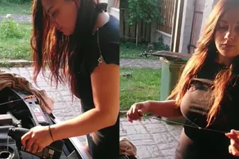 Peilstok doet het niet volgens dame die olie aan het bijvullen is