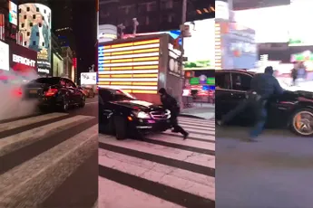 Agent probeert driftende Mercedes-Benz C63 AMG te stoppen op Times Square