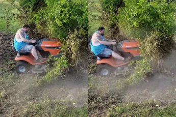 Boom proberen neer te halen met een grasmaaier