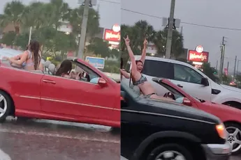 Dames in Florida vieren feestje in cabrio terwijl het buiten regent