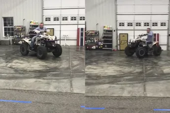 Donuts draaien op een quad in een garage, maar gaat niet helemaal goed