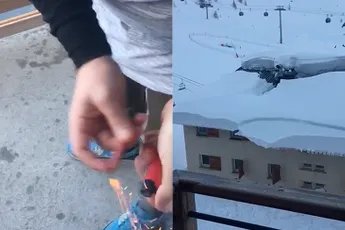 Franse wintersporters gooien rotje op dak, groot pak sneeuw komt naar beneden