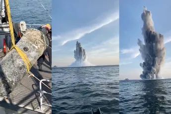 Grote dieptemijn gevangen door viskotter HD42 tot ontploffing gebracht