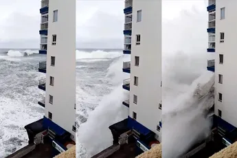 Hoge golven slaan balkons stuk van flat op Tenerife